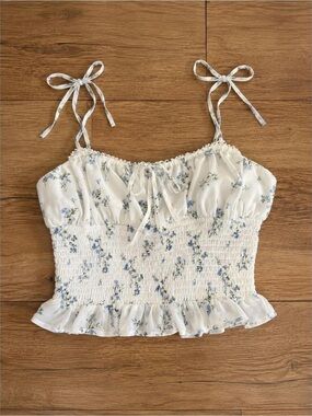 Forever 21 White Floral Smocked Crop Top Blue Flower Print